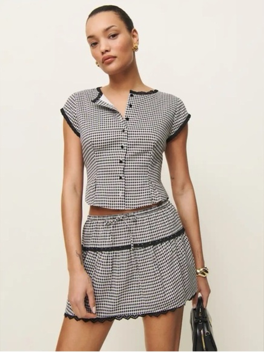 Reformation Checked Two-Piece Crop Top & Mini Skirt Set - Black & White